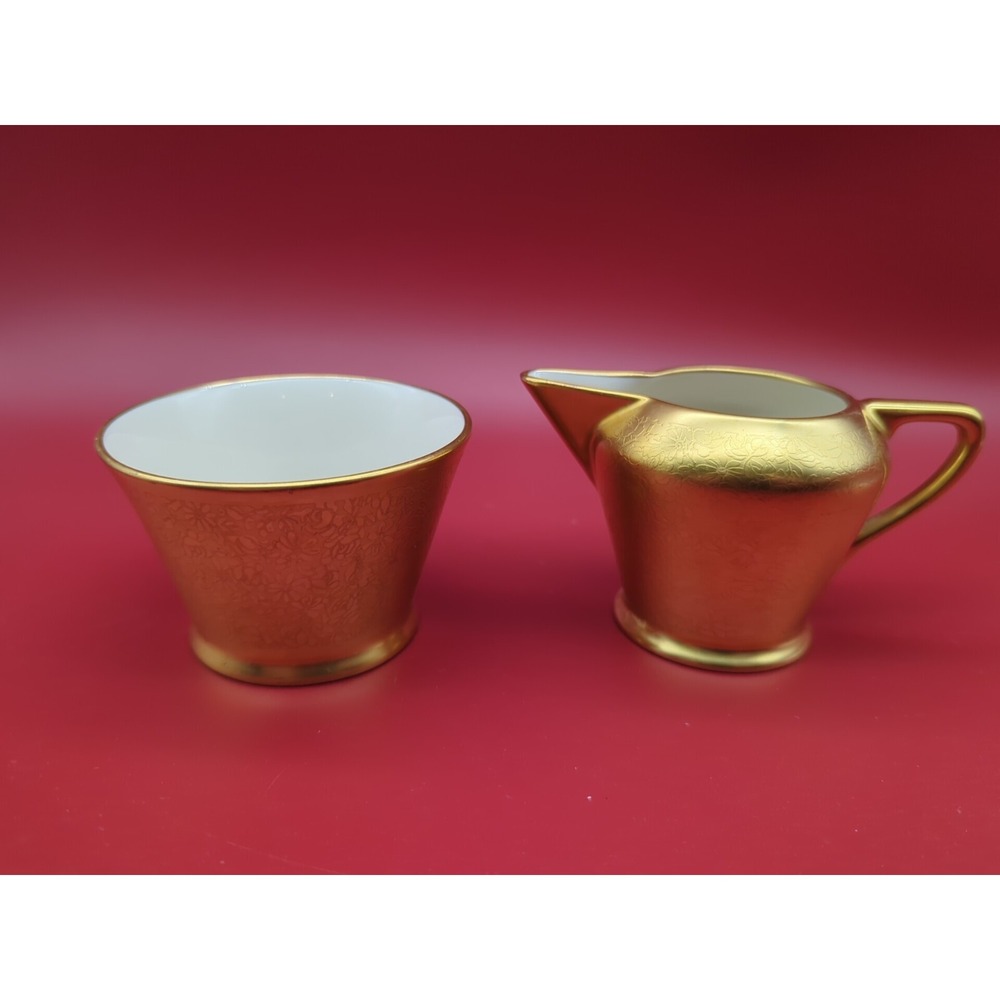 Pickard "Rose and Daisy" 486 Creamer & Sugar & Candle Holder of 24K Gold Leaf